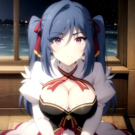 <lora:zeno_tensaiouji_v1(resize-sv5):1> zeno_olis, 1girl, solo, twintails, hair ribbon, purple eyes, mole under eye, high collar, striped ribbon, large breasts, long dress, long sleeves, bridal gauntlets, (frown:1.3), looking at viewer, (breasts squeezed together, v arms:1.3)
BREAK
window, indoors
BREAK
(night, night sky:1.3)
BREAK
from above, breast focus