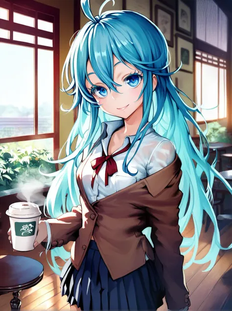 score_9, score_8_up, score_7_up, score_6_up,
source_anime, detailed background,
1girl, solo, cowboy shot, looking at viewer,
indoors, cafe, coffee cup, steam, 
long hair, aqua hair, hair between eyes, sidelocks, ahoge, 
blue eyes, brilliant eyes, tsurime, thick eyelashes, long eyelashes, black eyelashes, 
closed mouth, smile, parted lips, 
small breasts, school uniform, skirt, off shoulder, 
 <lora:touwa_erio_v1:1> touwa_erio_v1,
 <lora:CalmStyle_v1:0.75> calmstyle