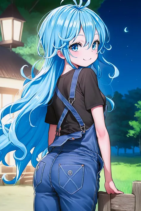 score_9, score_8_up, score_7_up, score_6_up, [score_5_up::0.5], [score_4_up::0.3],
source_anime, 1girl, cowboy shot, from from behind, looking back, looking at viewer, 
outdoors, night, tree, 
long aqua hair, big hair, 
smile, 
small breasts, black shirt, overalls,
 <lora:touwa_erio_v1:1> touwa_erio_v1, 
 <lora:Pony_DetailV2.0:3>