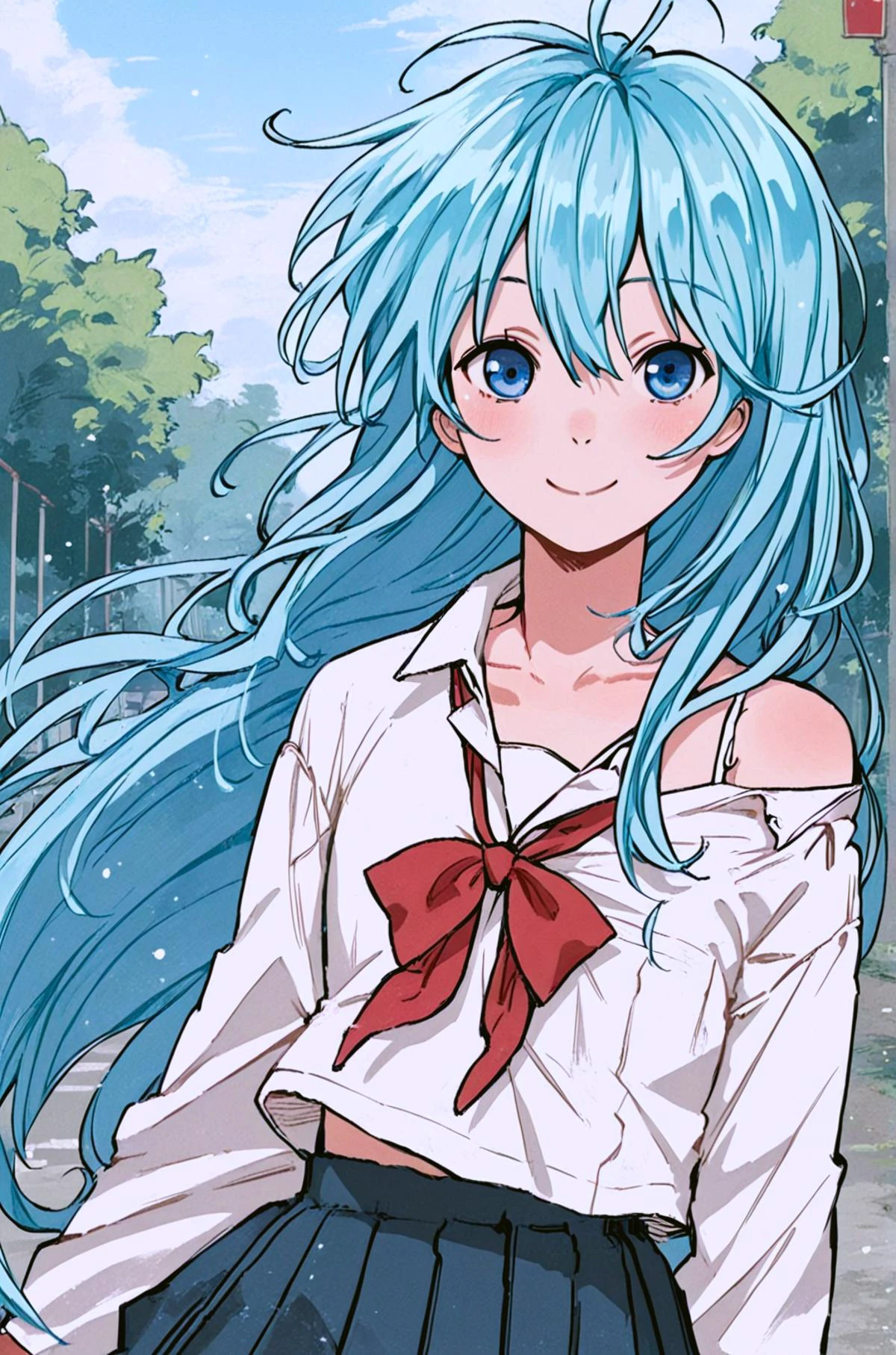score_9, score_8_up, score_7_up, score_6_up, score_5_up,
source_anime, 1girl, outdoors, cowboy shot,
aqua hair, long hair,
blue eyes, tsurime,
closed mouth, smile,
school uniform, off shoulder,
<lora:anteikusama_v01:0.8> anteikusama_v01,
<lora:touwa_erio_v1:0.8> touwa_erio_v1,
