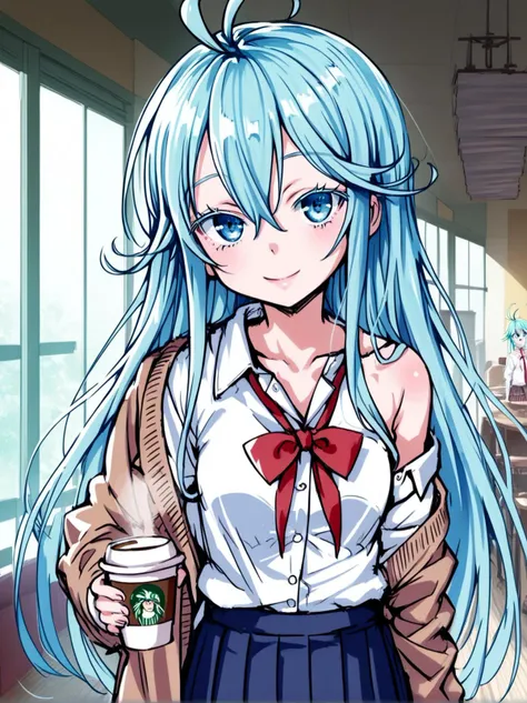 score_9, score_8_up, score_7_up, score_6_up,
source_anime, detailed background,
1girl, solo, cowboy shot, looking at viewer,
indoors, cafe, coffee cup, steam, 
long hair, aqua hair, hair between eyes, sidelocks, ahoge, 
blue eyes, brilliant eyes, tsurime, thick eyelashes, long eyelashes, black eyelashes, 
closed mouth, smile, parted lips, 
small breasts, school uniform, skirt, off shoulder, 
 <lora:touwa_erio_v1:1> touwa_erio_v1,
  <lora:c0l0ursk3tchXLP3:0.7> c0l0ursk3tch, sketch