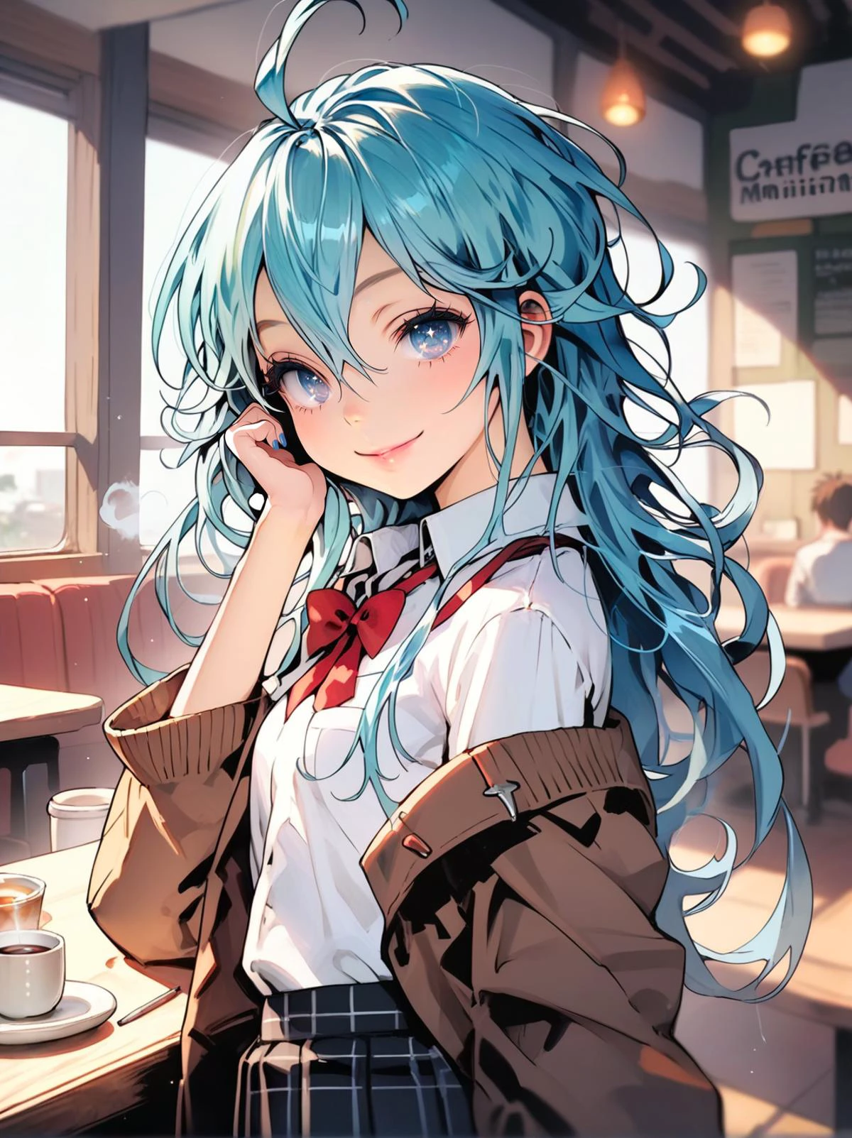 score_9, score_8_up, score_7_up, score_6_up,
source_anime, detailed background,
1girl, solo, cowboy shot, looking at viewer,
indoors, cafe, coffee cup, steam,
long hair, aqua hair, hair between eyes, sidelocks, ahoge,
blue eyes, brilliant eyes, tsurime, thick eyelashes, long eyelashes, black eyelashes,
closed mouth, smile, parted lips,
small breasts, school uniform, skirt, off shoulder, nail polish,
<lora:touwa_erio_v1:0.9> touwa_erio_v1,
<lora:EnvyPonyPrettyEyes01:0.9>