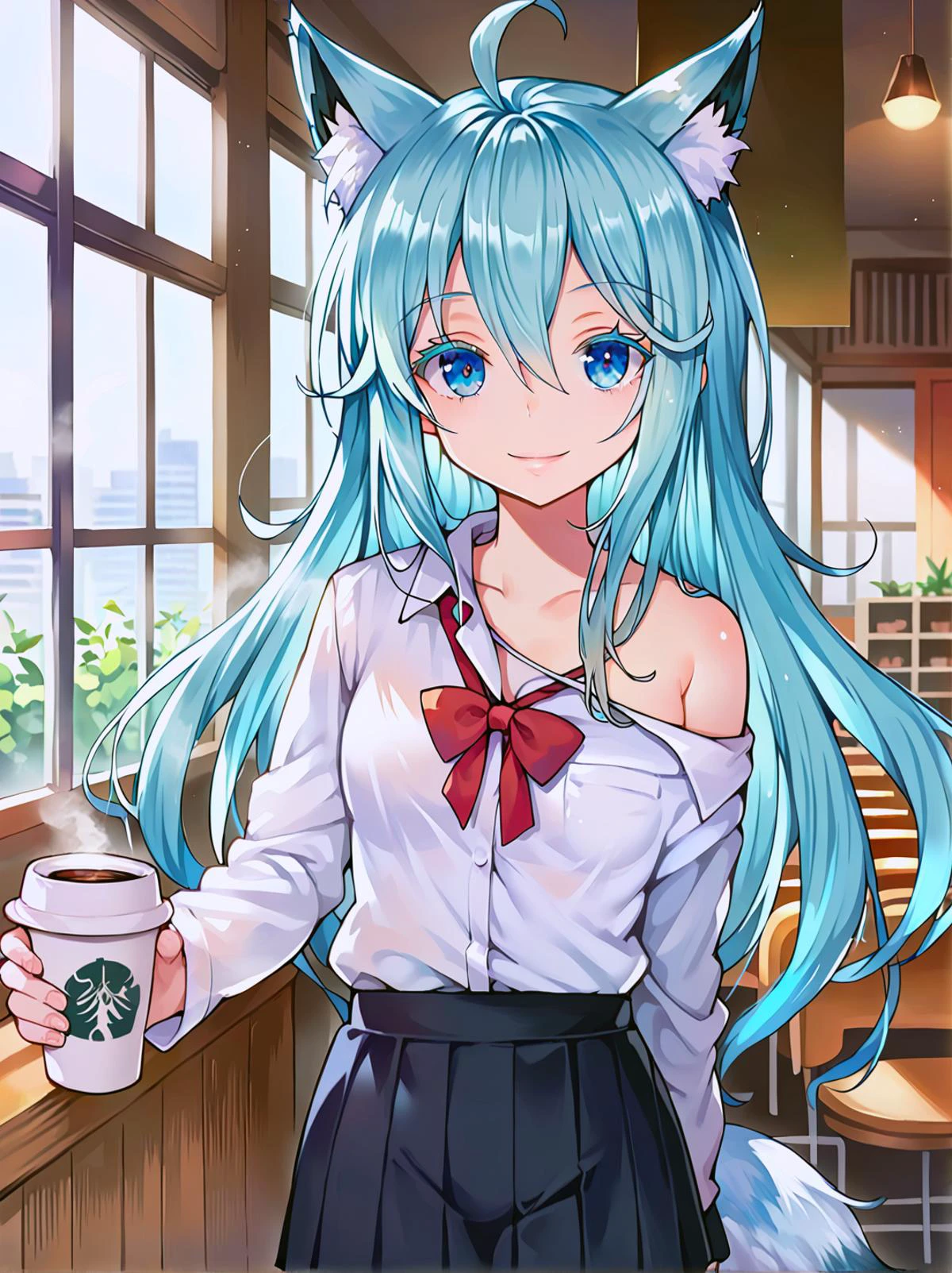 score_9, score_8_up, score_7_up, score_6_up,
source_anime, detailed background,
1girl, solo, cowboy shot, looking at viewer,
indoors, cafe, coffee cup, steam,
long hair, aqua hair, hair between eyes, sidelocks, ahoge,
blue eyes, brilliant eyes, tsurime, thick eyelashes, long eyelashes, black eyelashes,
closed mouth, smile, parted lips,
small breasts, school uniform, skirt, off shoulder,
<lora:touwa_erio_v1:0.9> touwa_erio_v1,
<lora:fox_girl_pony:1> kittunemimi, fox girl, fox tail, animal ears, fox ears, animal ear fluff,