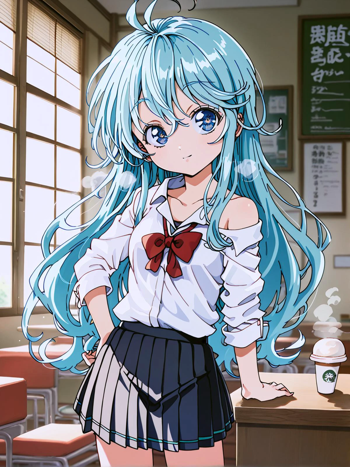 score_9, score_8_up, score_7_up, score_6_up,
source_anime, detailed background,
1girl, solo, cowboy shot, looking at viewer,
indoors, cafe, coffee cup, steam,
long hair, aqua hair, hair between eyes, sidelocks, ahoge,
blue eyes, brilliant eyes, tsurime, thick eyelashes, long eyelashes, black eyelashes,
closed mouth, smile, parted lips,
small breasts, school uniform, skirt, off shoulder,
<lora:touwa_erio_v1:0.9> touwa_erio_v1,
<lora:Faux_Retro_XL:0.9>