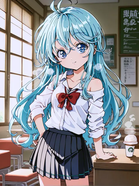 score_9, score_8_up, score_7_up, score_6_up,
source_anime, detailed background,
1girl, solo, cowboy shot, looking at viewer, 
indoors, cafe, coffee cup, steam,
long hair, aqua hair, hair between eyes, sidelocks, ahoge,
blue eyes, brilliant eyes, tsurime, thick eyelashes, long eyelashes, black eyelashes,
closed mouth, smile, parted lips,
small breasts, school uniform, skirt, off shoulder,
 <lora:touwa_erio_v1:0.9> touwa_erio_v1, 
 <lora:Faux_Retro_XL:0.9>