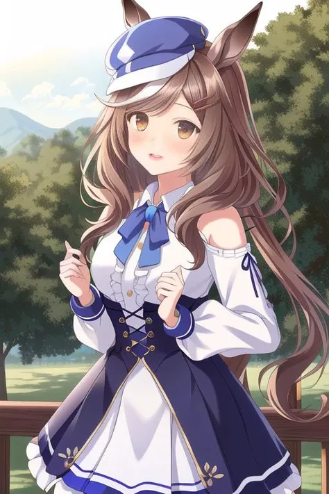 original, masterpiece, extremely detailed CG unity 8k wallpaper, highlight, best quality, bokeh, 

<lora:Matikanetannhauser:0.8>, umamusume, horse ears, animal ears, brown hair, hair ornaments, wearing a blue hat, white blouse, blue skirt, red clothes