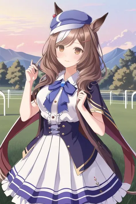 original, masterpiece, extremely detailed CG unity 8k wallpaper, highlight, best quality, bokeh,
<lora:Matikanetannhauser:0.8>, umamusume, horse ears, animal ears, brown hair, hair ornaments, wearing a blue hat, white blouse, blue skirt, red clothes