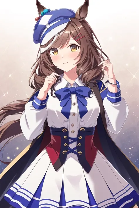 original, masterpiece, extremely detailed CG unity 8k wallpaper, highlight, best quality, bokeh,
<lora:Matikanetannhauser:0.8>, umamusume, horse ears, animal ears, brown hair, hair ornaments, wearing a blue hat, white blouse, blue skirt, red clothes