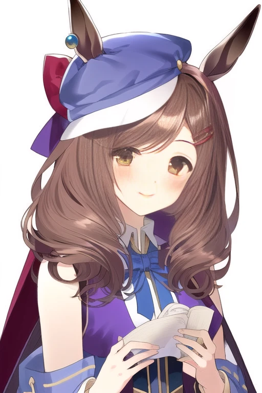tarot, by Alphonse Mucha, Art Nouveau, original, masterpiece, highlight, best quality,
<lora:Matikanetannhauser:0.8>, umamusume, horse ears, animal ears, brown hair, hair ornaments, wearing a blue hat,