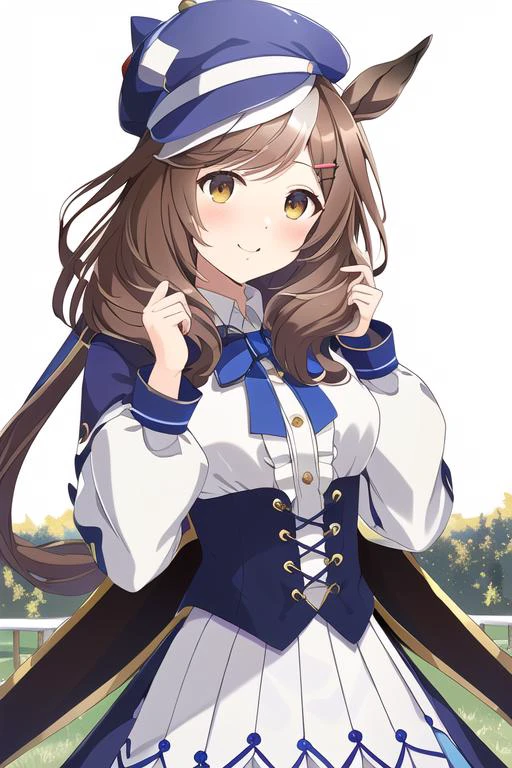 original, masterpiece, extremely detailed CG unity 8k wallpaper, highlight, best quality, bokeh,
<lora:Matikanetannhauser:0.8>, umamusume, horse ears, animal ears, brown hair, hair ornaments, wearing a blue hat, white blouse, blue skirt, red clothes