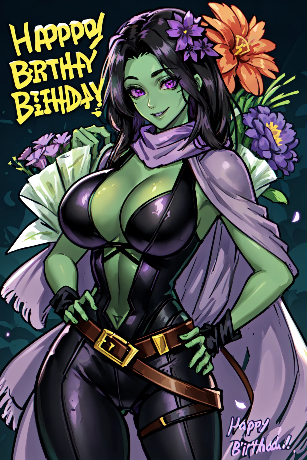 Gamora, 1girl, solo, long hair, breasts, large breasts, black hair, cleavage, purple eyes, flower, belt, scarf, leotard, hand on hip, colored skin, happy birthday, bouquet, green skin, <lora:Gamora:0.7>