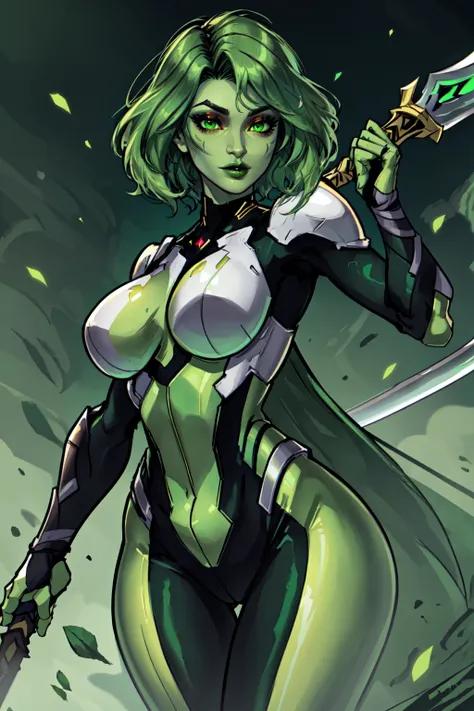 Gamora, 1girl, solo, breasts, short hair, green eyes, weapon, green hair, sword, armor, bodysuit, makeup, colored skin, lipstick, green skin, green lips, <lora:Gamora:0.7>