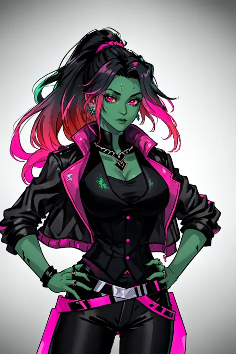 Gamora, 1girl, solo, long hair, looking at viewer, shirt, black hair, white background, jewelry, jacket, ponytail, pink hair, multicolored hair, earrings, belt, pants, vest, black jacket, hand on hip, gradient hair, colored skin, black pants, ring, green skin, <lora:Gamora:0.7>