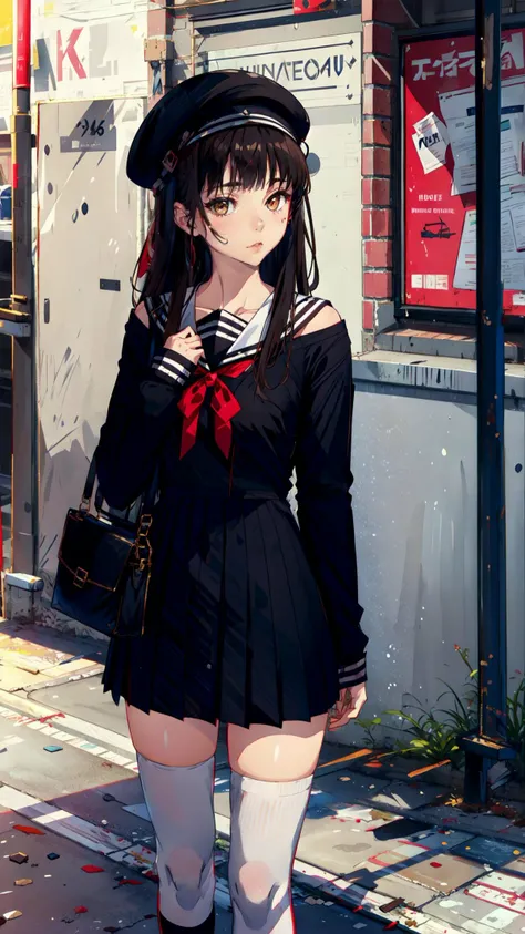masterpiece, best quality, 1girl, bag, upper body, street, bangs, bare shoulders, beret, black footwear, black headwear, brown eyes, brown hair, closed mouth, handbag, hat, holding, long hair, long sleeves, looking at viewer, off shoulder, shoes, skirt, sleeves past wrists, socks, solo, sweater, white legwear,
,tutututu,black school uniform,black serafuku, sailor collar,black miniskirt, long sleeves,
<lora:tutussf_0006:0.85>