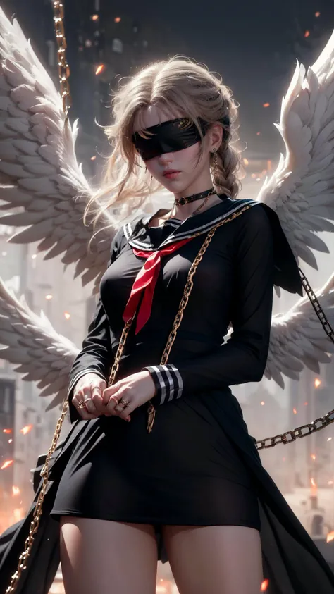 Epic CG masterpiece, a woman dressed in an angelic outfit in chains, delicate face, hdr,dtm, full ha,8K, ultra detailed graphic tension, dynamic poses, stunning colors, 3D rendering, surrealism, cinematic lighting effects, realism, 00 renderer, super realistic, full - body photos, super vista, super wide Angle, rich details, highest quality, extremely exquisite, Black background1girl, chain, wings, solo, blindfold,  jewelry, veil, choker, ring, own hands together, angel wings, feathered wings, ((covered eyes)),tutututu,black school uniform,black serafuku, sailor collar,black miniskirt, long sleeves, 
  <lora:tutussf_0006:0.8> <lora:Angel_20231023144902:0.35>
