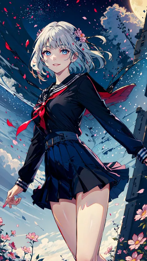 masterpiece, best quality, 1girl, (colorful),(delicate eyes and face), volumatic light, ray tracing, bust shot ,extremely detailed CG unity 8k wallpaper,solo,smile,intricate skirt,((flying petal)),(Flowery meadow) sky, cloudy_sky, moonlight, moon, night, (dark theme:1.3), light, fantasy, windy, magic sparks, dark castle,white hair,
,tutututu,black school uniform,black serafuku, sailor collar,black miniskirt, long sleeves,
<lora:tutussf_0006:0.85>