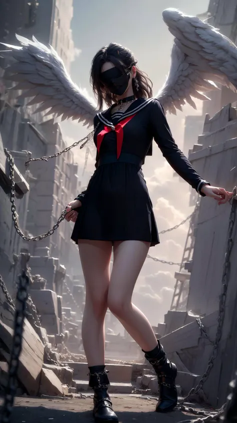 Epic CG masterpiece, a woman dressed in an angelic outfit in chains, delicate face, hdr,dtm, full ha,8K, ultra detailed graphic tension, dynamic poses, stunning colors, 3D rendering, surrealism, cinematic lighting effects, realism, 00 renderer, super realistic, full - body photos, super vista, super wide Angle, rich details, highest quality, extremely exquisite, Black background1girl, chain, wings, solo, blindfold,  jewelry, veil, choker, ring, own hands together, angel wings, feathered wings, ((covered eyes)),tutututu,black school uniform,black serafuku, sailor collar,black miniskirt, long sleeves, 
  <lora:tutussf_0006:0.8> <lora:Angel_20231023144902:0.35>