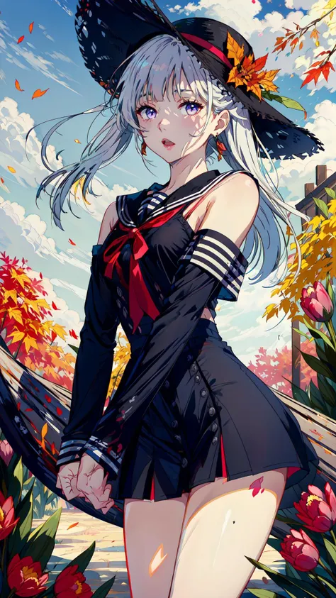 finely detail, Depth of field,(((masterpiece))),((extremely detailed CG unity 8k wallpaper)),best quality, high resolution illustration,Amazing,highres,intricate detail,(best illumination, best shadow, an extremely delicate and beautiful),
1girl, hat,solo,white hair, long_hair, barefoot, bare_legs, bare_shoulders, sleeveless,hat_flower,straw_hat,white sundress,straw hat, looking_at_viewer, Lilac eyes,Lovely face,open one's mouth,middle finger,show the middle finger,
(((Tyndall effect))),dappled sunlight,cloud, flower, autumn_leaves, outdoors, autumn, blue_sky, leaf, sunset, cloudy_sky, burning, owl, maple_leaf,tulips,
,tutututu,black school uniform,black serafuku, sailor collar,black miniskirt, long sleeves,
<lora:tutussf_0006:0.85>