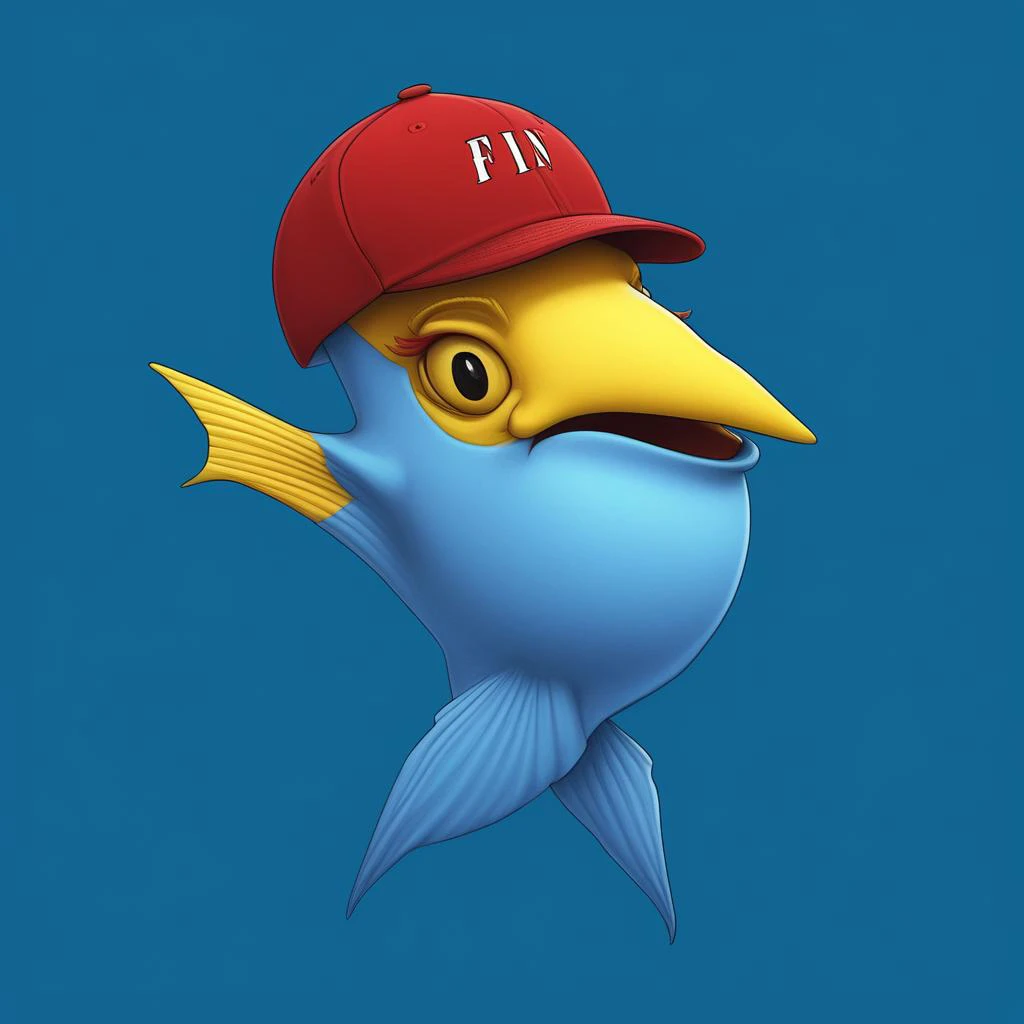 realistic, grin, fins, animal, red hair, blue background, closed mouth, bird, blurry background, looking up, horns, single horn, makeup, lipstick, english text, monochrome, colored skin, yellow eyes, signature, animal focus, baseball cap