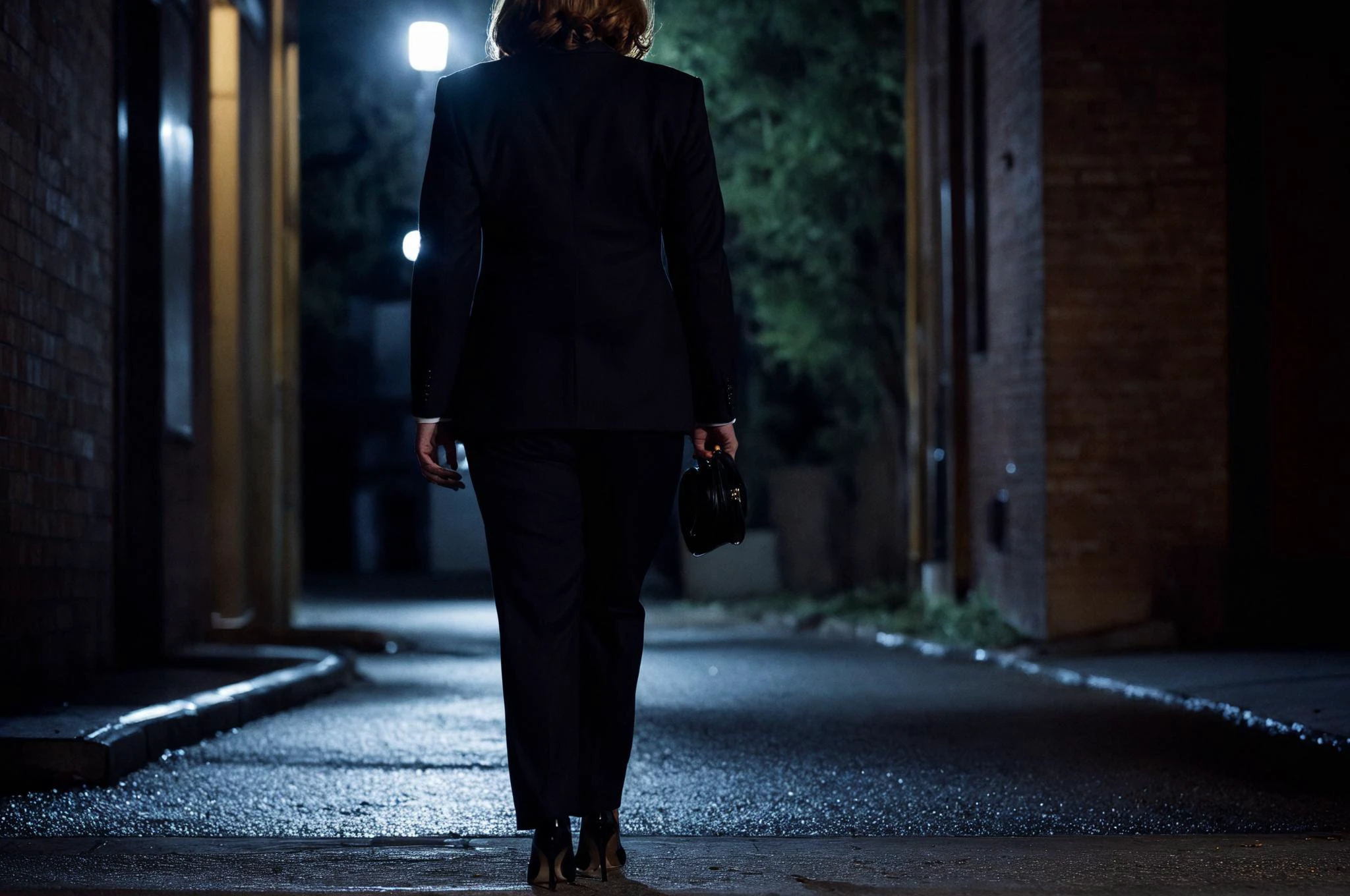 In a dimly lit, moody alley, Dana Scully investigates, exuding confidence and determination. Captured in full length, she stands assertively, her FBI badge glinting in the scarce light. Sheâs dressed in her signature smart suit, complemented by sleek, high heels that echo on the pavement. The scene, shot with a Leica Q2 for its exceptional detail capture in low light, highlights the contrast between her professional attire and the gritty surroundings. Her pose is poised yet ready for action, flashlight in one hand illuminating a path forward, her gaze fixed on something just out of frame. The intricate textures of her suit and the reflective sheen on her high heels are meticulously defined, showcasing her as a beacon of strength and elegance amidst the shadows. <lora:dana scully 1b:1> dana scully woman <lora:MeraAmber:1> MeraAmber, big breast, voluptuous body, milf, bimbo,