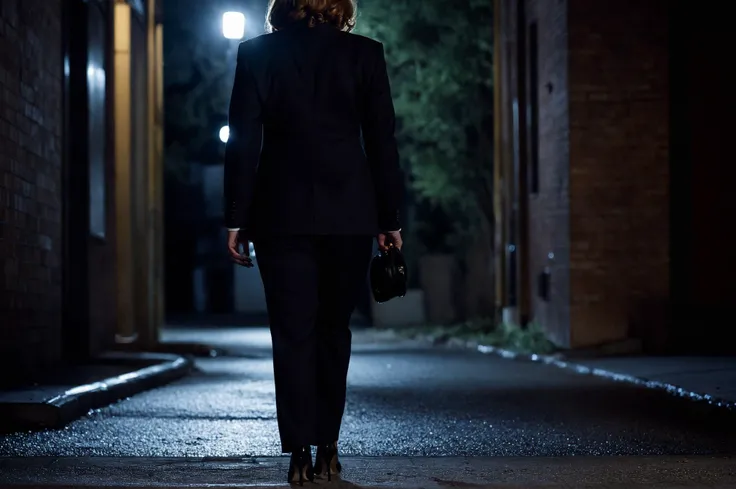 In a dimly lit, moody alley, Dana Scully investigates, exuding confidence and determination. Captured in full length, she stands assertively, her FBI badge glinting in the scarce light. Sheâs dressed in her signature smart suit, complemented by sleek, high heels that echo on the pavement. The scene, shot with a Leica Q2 for its exceptional detail capture in low light, highlights the contrast between her professional attire and the gritty surroundings. Her pose is poised yet ready for action, flashlight in one hand illuminating a path forward, her gaze fixed on something just out of frame. The intricate textures of her suit and the reflective sheen on her high heels are meticulously defined, showcasing her as a beacon of strength and elegance amidst the shadows. <lora:dana scully 1b:1> dana scully woman <lora:MeraAmber:1> MeraAmber, big breast, voluptuous body, milf, bimbo,