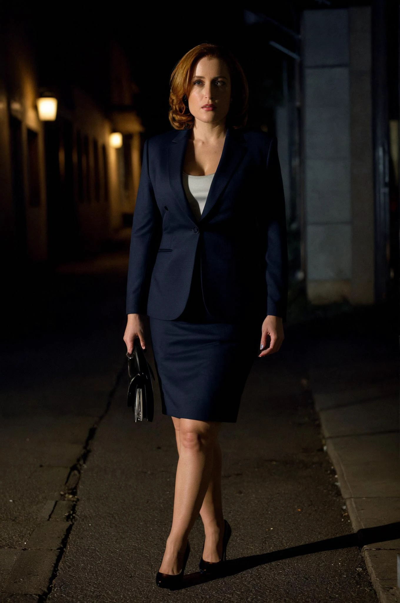 In a dimly lit, moody alley, Dana Scully investigates, exuding confidence and determination. Captured in full length, she stands assertively, her FBI badge glinting in the scarce light. Sheâs dressed in her signature smart suit, complemented by sleek, high heels that echo on the pavement. The scene, shot with a Leica Q2 for its exceptional detail capture in low light, highlights the contrast between her professional attire and the gritty surroundings. Her pose is poised yet ready for action, flashlight in one hand illuminating a path forward, her gaze fixed on something just out of frame. The intricate textures of her suit and the reflective sheen on her high heels are meticulously defined, showcasing her as a beacon of strength and elegance amidst the shadows. <lora:dana scully 1b:1> dana scully woman <lora:MeraAmber:1> MeraAmber, big breast, voluptuous body, milf, bimbo, mini skirt,