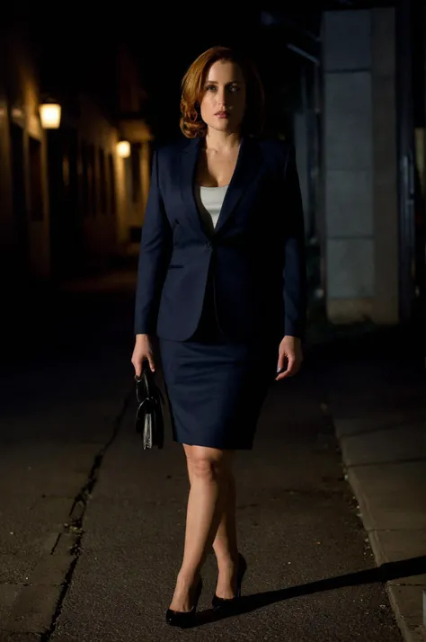 In a dimly lit, moody alley, Dana Scully investigates, exuding confidence and determination. Captured in full length, she stands assertively, her FBI badge glinting in the scarce light. Sheâs dressed in her signature smart suit, complemented by sleek, high heels that echo on the pavement. The scene, shot with a Leica Q2 for its exceptional detail capture in low light, highlights the contrast between her professional attire and the gritty surroundings. Her pose is poised yet ready for action, flashlight in one hand illuminating a path forward, her gaze fixed on something just out of frame. The intricate textures of her suit and the reflective sheen on her high heels are meticulously defined, showcasing her as a beacon of strength and elegance amidst the shadows. <lora:dana scully 1b:1> dana scully woman <lora:MeraAmber:1> MeraAmber, big breast, voluptuous body, milf, bimbo, mini skirt,
