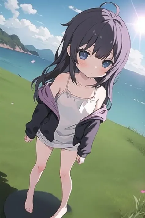 1girl, solo, long_hair, blush, hood, full body, flat chest,eyebrows_visible_through_hair, off_shoulder, black_hair, ahoge, bangs, collarbone, camisole, hooded_jacket, closed_mouth,lens flare,dramatic,coastal,flying petal,flowery field,sky,sun,field,gingerbread house,masterpiece,best quality,standing,barefoot,leaning forward,breasts out,one breast out