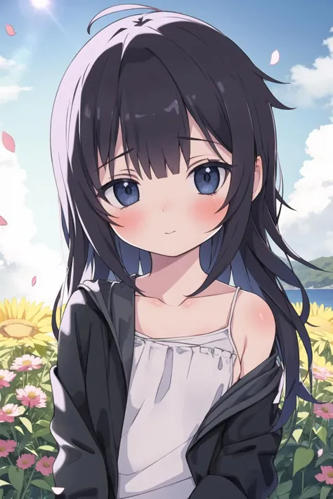 1girl, solo, long_hair, blush, hood, simple_background, eyebrows_visible_through_hair, off_shoulder, black_hair, ahoge, bangs, collarbone, camisole, hooded_jacket, closed_mouth,lens flare,dramatic,coastal,flying petal,flowery field,sky,sun,field,gingerbread house,masterpiece,best quality,