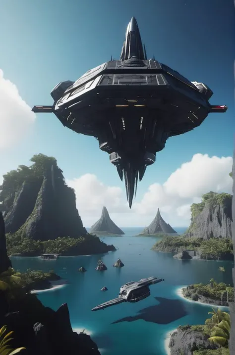 <lora:Parralel Dimensions:1> Parralel Dimensions , huge square spaceship landing on top of (paradise island:1.3),sunny day, space opera,