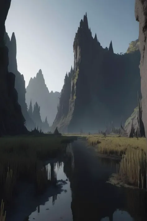 <lora:Parralel Dimensions:1> Parralel Dimensions , swamp valley surrounded by high rocky cliffs, dawn,