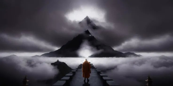 <lora:15ParralelDimensions:1>parallel dimension: a monk is standing in the middle of a cloudy sky