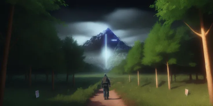 <lora:15ParralelDimensions:1>parallel dimension: a man standing in the middle of a forest with a sign that says success