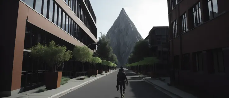 <lora:21ParralelDimensions:1>parallel dimension: a person walking down a street next to tall buildings