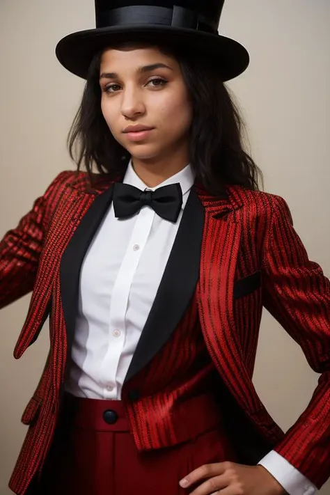DEN_nika_nikola,
performing in a (circus:1.2) wearing a red and black (blazer:1.1) and white (shirt:1.1) and cream (trousers:1.1) and black bow tie and (top hat:1.1), ring leader, circus,
bokeh, f1.4, 40mm, photorealistic, raw, 8k, textured skin, skin pores, intricate details <lora:epi_noiseoffset2:1>, epiCRealism <lora:ClothingAdjuster3:-1>