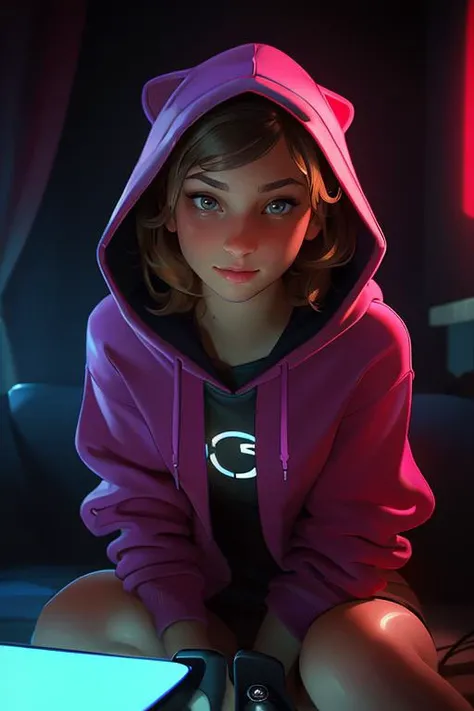 DEN_nika_nikola,
sitting at a computer wearing headphones and playing games (holding a controller:1.2) wearing a (hoodie:1.2) in a (neon lit room:1.3), (gamer:1.2), gaming, (gamer girl:1.3), games, (purple lighting, neon:1.2),
bokeh, f1.4, 40mm, photorealistic, raw, 8k, textured skin, skin pores, intricate details <lora:epi_noiseoffset2:1>, epiCRealism <lora:ClothingAdjuster3:-1>