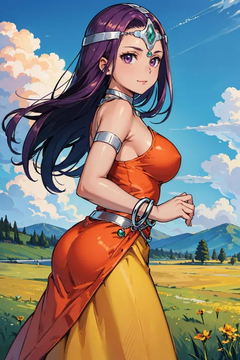 masterpiece, best quality, dqMinea, circlet, choker, bracelet, orange dress, large breasts, looking at viewer, standing, field, from side, sky, clouds, slight smile <lora:manyaminea-nvwls-v1-000009:0.9>
