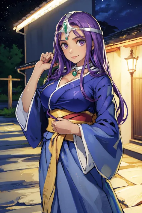 masterpiece, best quality, dqManya, circlet, choker, blue kimono, large breasts, outdoors, night sky, looking at viewer, smile <lora:manyaminea-nvwls-v1-000009:0.9>