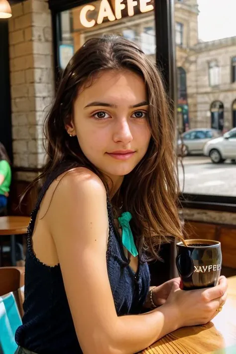 <lora:FelicityFey:0.8>, full color portrait of a young woman, having coffee at a vintage cafe, natural light, RAW photo, subject, 8k uhd, dslr, soft lighting, high quality, film grain, Fujifilm XT3