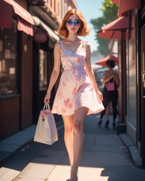 photogenic beautiful woman, Nobody_alie-Natalie, solo,  walking, best quality, high detail, 4k, 8k resolution photo by Steven Meisel photo by Patrick Demarchelier  earring, sundress cafe date, sunglasses,  casual and cute,((pastel floral hem cotton sundress)), high heels, collarbone, outdoor cafe, spring blossom, cheerful, vibrant colors, detailed, warm, pleasant, girl next door, 8k resolution bokeh, iridescent aura,shadows above,