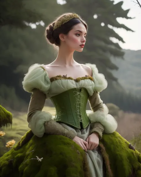 cinematic film still beautiful adult mature woman, high quality, best quality, highres, high detail, god rays,from below,   <lora:Outfit_CottageCore:0.65> c0tt4g3, pastel green dress, corset, ((flowers)), see through, long sleeves, puffy sleeves <lora:Outfit_hud-MossDress:0.65> m0ss_dr3ss ,elaborate long dress made of moss, twigs . shallow depth of field, vignette, highly detailed, high budget, bokeh, cinemascope, moody, epic, gorgeous, film grain, grainy