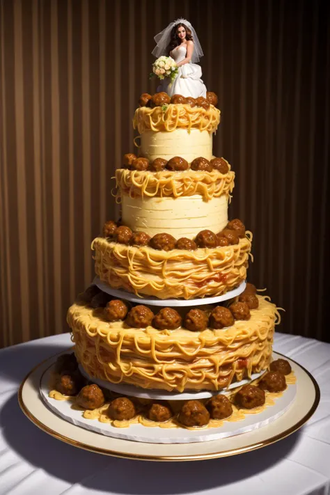 tiered Wedding Cake made out of Lasagna, marinara sauce,  meatballs, high-quality, best-quality, highres, high detail,  <lora:sp4gh3tt1_dr3ss:0.75>