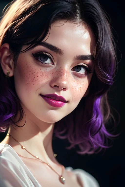 close up photo of beautiful young women, beautiful women, detailed face, (pale white skin:1.2), freckles, blushing, (purple short hair:1.2), black eyes, purple lipstick, purple eyeliner, large black emreald necklace, large ring shaped black earing, serious mouth closed smile, high quality, best quality, highres, high detail, film grain, shallow depth of field, vignette, highly detailed, high budget, moody, gorgeous, film grain