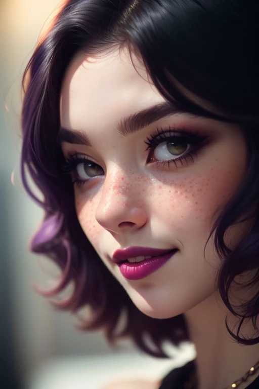 close up photo of beautiful young women, beautiful women, detailed face, (pale white skin:1.2), freckles, blushing, (purple short hair:1.2), black eyes, purple lipstick, purple eyeliner, large black emreald necklace, large ring shaped black earing, serious mouth closed smile, high quality, best quality, highres, high detail, film grain, shallow depth of field, vignette, highly detailed, high budget, bokeh, cinemascope, moody, epic, gorgeous, film grain, grainy
