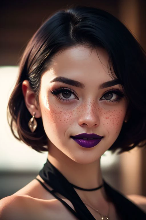 close up photo of beautiful young women , beautiful women, detailed face, pale white skin, freckles, blushing, black short hair, black eyes, purple lipstick, purple eyeliner, large black emreald necklace, large ring shaped black earing, serious mouth closed smile, high quality, best quality, highres, high detail, film grain, shallow depth of field, vignette, highly detailed, high budget, bokeh, cinemascope, moody, epic, gorgeous, film grain, grainy