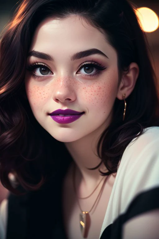 close up photo of beautiful young women, beautiful women, detailed face, (pale white skin:1.2), freckles, blushing, purple short hair, black eyes, purple lipstick, purple eyeliner, large black emreald necklace, large ring shaped black earing, serious mouth closed smile, high quality, best quality, highres, high detail, film grain, shallow depth of field, vignette, highly detailed, high budget, bokeh, cinemascope, moody, epic, gorgeous, film grain, grainy