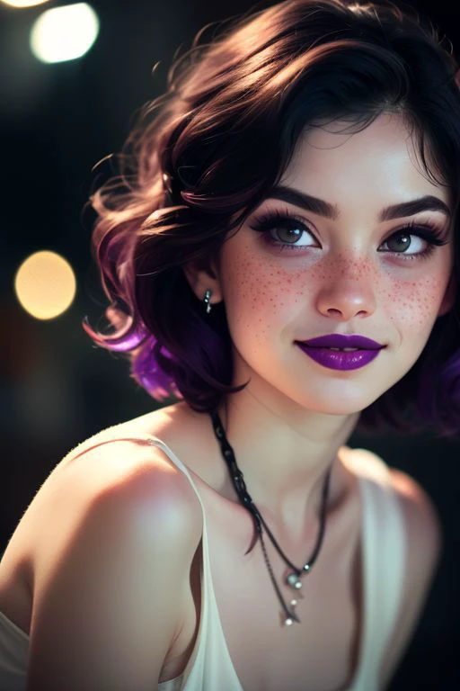 close up photo of beautiful young women, beautiful women, detailed face, (pale white skin:1.2), freckles, blushing, (purple short hair:1.2), black eyes, purple lipstick, purple eyeliner, large black emreald necklace, large ring shaped black earing, serious mouth closed smile, high quality, best quality, highres, high detail, film grain, shallow depth of field, vignette, highly detailed, high budget, bokeh, cinemascope, moody, epic, gorgeous, film grain, grainy
