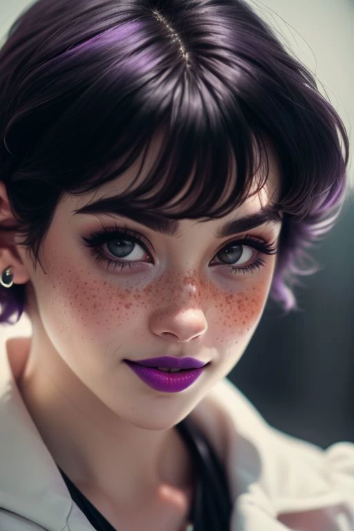 close up photo of beautiful young women, beautiful women, detailed face, (pale white skin:1.2), freckles, blushing, (purple short hair:1.2), black eyes, purple lipstick, purple eyeliner, large black emreald necklace, large ring shaped black earing, serious mouth closed smile, high quality, best quality, highres, high detail, film grain, shallow depth of field, vignette, highly detailed, high budget, moody, gorgeous, film grain