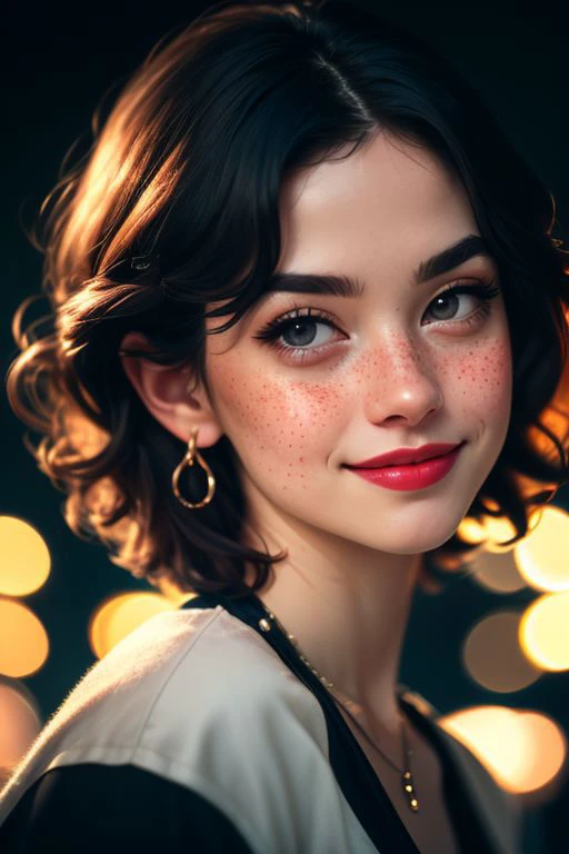 close up photo of beautiful young women , beautiful women, detailed face, pale white skin, freckles, blushing, dark blue short hair, black eyes, large black emreald necklace, large ring shaped black earing, serious mouth closed smile, high quality, best quality, highres, high detail, film grain, shallow depth of field, vignette, highly detailed, high budget, bokeh, cinemascope, moody, epic, gorgeous, film grain, grainy