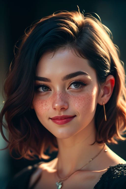 close up photo of beautiful young women , beautiful women, detailed face, pale white skin, freckles, blushing, dark blue short hair, black eyes, large black emreald necklace, large ring shaped black earing, serious mouth closed smile, high quality, best quality, highres, high detail, film grain, shallow depth of field, vignette, highly detailed, high budget, bokeh, cinemascope, moody, epic, gorgeous, film grain, grainy
